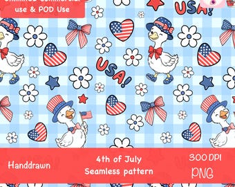 Motivo senza cuciture con oca per il 4 luglio, stampa su tessuto con oca carina per il 4 luglio, stampa con oca Americana Coquette, cuori con fiocco e bandiera USA