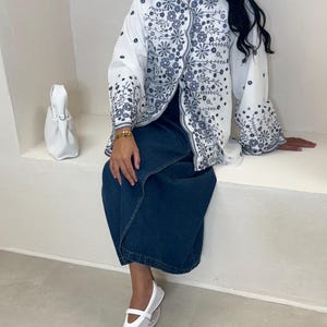 100% cotton lined embroidered shirt Handmade, white blouse with blue flowers, chic long sleeve boho top Modest and Comfortable