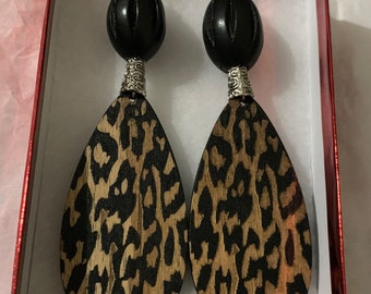 Leopard print wood statement earrings,  Birthday gift, Mothers day gift, gift for her,  gift for mom, gift for wife, gift for women