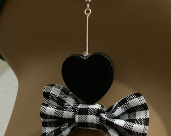 Earrings • Gingham • silver tone • black hearts •  bow earrings • black and white • birthday gift • gift for her • gift for women