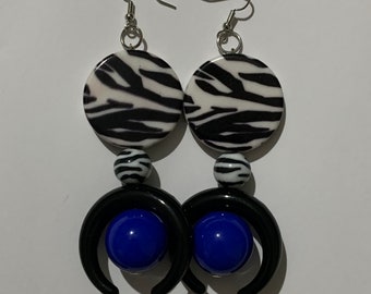 Earrings, zebra print, blue, handmade, Birthday gift, gift for her, gift for wife, gift for girls, gift for women, gift for mom