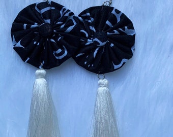 Earrings, African, Black, White Tassel, handmade jewelry, Birthday gift for, gift for women, gift for wife, gift for mom, gift for her