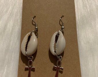 Ankh & Cowrie shell earrings, silver earrings, gift for women, gift for wife, Birthday gift for women, gift for mom