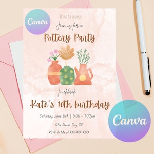 May include: A pink and white invitation for a pottery party, with illustrations of vases and plants. The text reads "Pottery Party" and "Kate's 10th birthday" with event details. A pen rests on the peach-coloured surface.