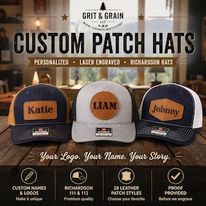 Richardson 112 & 111 Hat with Custom Engraved Leather Patch — Personalized Trucker Hat
