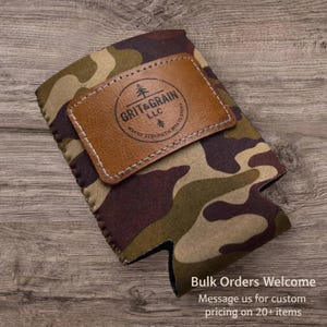 Custom Camo Can Cooler with Engraved Leather Patch- 12oz  regular and skinny