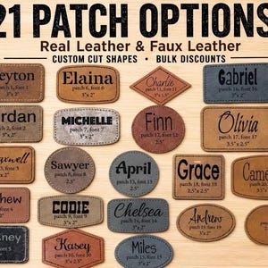 May include: A collection of 21 custom-cut leather and faux leather patches in various shapes and colors. Each patch features a name and size, with options for bulk discounts. The patches are in rectangular, oval, and circular shapes, with sizes ranging from 2.5 to 3.5 inches.