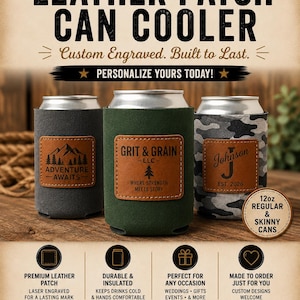 Personalized Leather Patch Can Cooler —  12oz regular and skinny in multiple colors