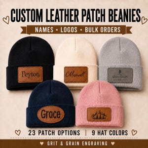 May include: Five knit beanies in black, cream, gray, navy, and pink, each featuring a custom leather patch. The patches display engraved text including names like Peyton, Maxwell, and Grace, or logos such as a tree and mountain range.