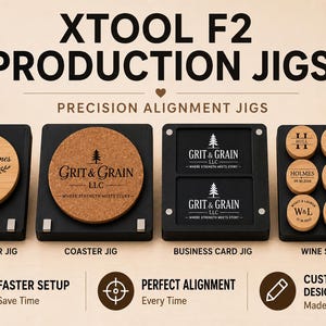 May include: A set of black xTool F2 production jigs for laser engraving, including a bottle opener jig, coaster jig, business card jig, and wine stopper jig. The image features text labels for each jig and the title XTOOL F2 PRODUCTION JIGS.