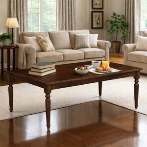 May include: A dark brown rectangular coffee table with turned legs. The table is set with books, a bowl of fruit, coffee, and pastries. The table is in a living room with a beige sofa, armchair, and rug.