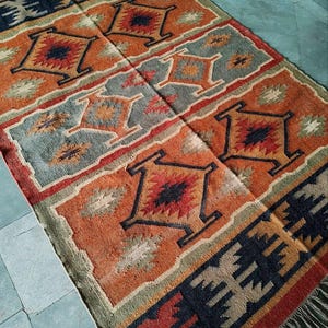Handmade Wool Kilim Rug: Geometric Tribal Design, Eco Friendly