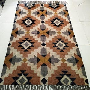 Handwoven Wool Kilim Rug: Aztec Tribal Motifs, Boho Home Decor