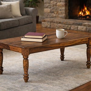 May include: A rectangular wooden coffee table with a rich, dark finish. Two books and a white mug sit on the table's surface. The table has four ornate, turned legs. The background includes a fireplace with a lit fire, a gray sofa, and a neutral-toned rug.
