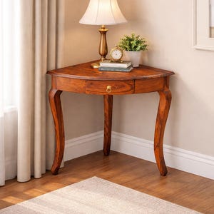 May include: A wooden corner table with a drawer and curved legs. A lamp with a cream-coloured shade, a small clock, and a potted plant sit on the table. The table is approximately 76 cm wide and 76 cm deep.