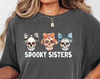 Spooky Sisters Shirt, Halloween Matching Tee, Skull with Bows T-Shirt, Witchy Vibes Retro Group Halloween Shirt