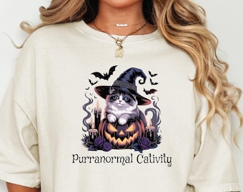 Purranormal Cativity Shirt, Funny Halloween Cat Tee, Spooky Ghost Hunting T-Shirt, Witchy Cat Mom Halloween Shirt