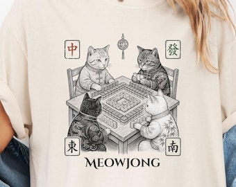 Camiseta Meowjong Cat Holic, Camiseta Bella Canvas con gatos jugando Mahjong, Regalo Kawaii para amantes de los gatos, Camiseta con diseño de juego de mesa chino, Camiseta para jugadores de Mahjong