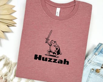 Huzzah Frog with Sword Medieval Frog Knight Shirt Funny Renaissance Faire Meme Tee Whimsical Frog Graphic Shirt