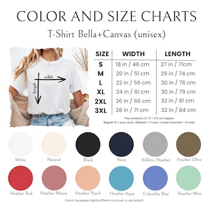 Pu&ograve; includere: Una tabella colori e taglie per una t-shirt unisex Bella+Canvas. La tabella mostra le misure in pollici e centimetri per le taglie dalla S alla 3XL. I campioni di colore includono bianco, nero, blu navy e varie tonalit&agrave; heather. Il testo indica che i colori possono variare.
