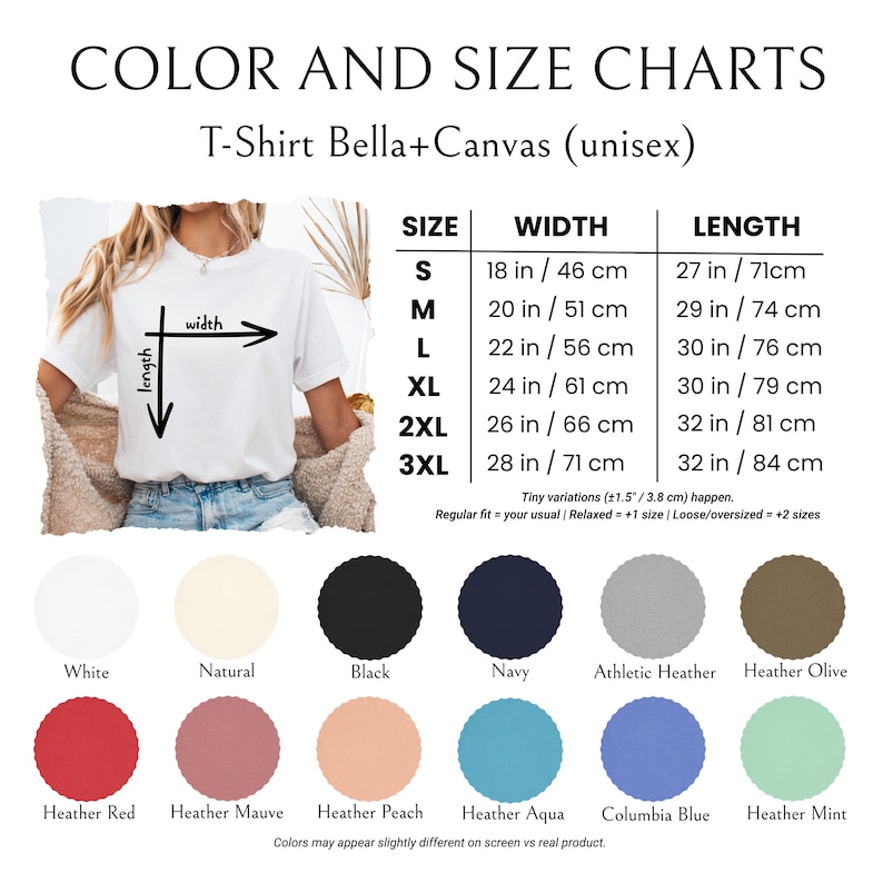 Pu&ograve; includere: Una tabella colori e taglie per una t-shirt unisex Bella+Canvas. La tabella mostra le misure in pollici e centimetri per le taglie dalla S alla 3XL. I campioni di colore includono bianco, nero, blu navy e varie tonalit&agrave; heather. Il testo indica che i colori possono variare.