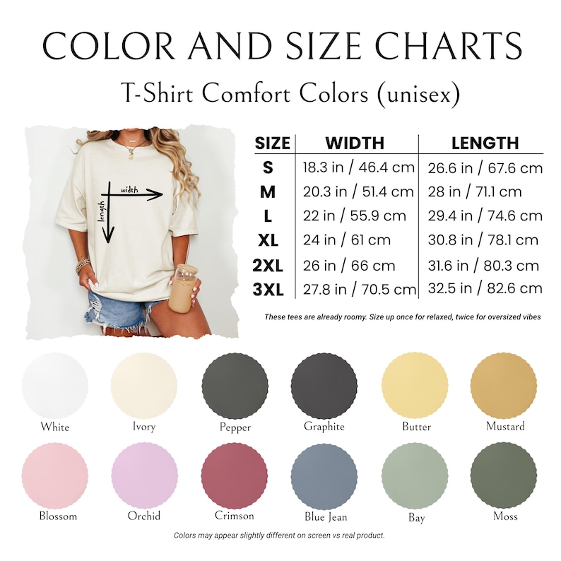 Pu&ograve; includere: Tabella colori e taglie per t-shirt unisex. La tabella mostra le misure in pollici e centimetri per le taglie dalla S alla 3XL. I colori includono bianco, avorio, pepe, grafite, burro, senape, fioritura, orchidea, cremisi, blu jeans, baia e muschio.