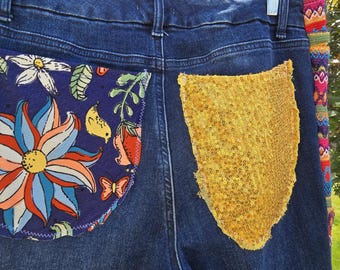Upcycled ae Bell Bottom Jeans: Hand-Painted, Embellished, has a matchingtop and headband you can purchase. (Size 12/14)