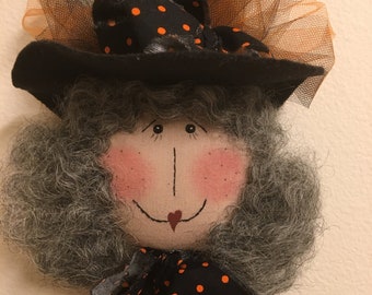 Primitive Halloween Witch Plant Stick: Hand-Painted Muslin Ornament