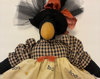 Primitive Crow Doll: Hand-Painted 'Boo' Dress, Halloween Farmhouse Decor