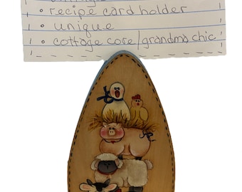 Vintage Hand Painted Wooden Recipe Card Holder – Folk Art Farm Animals– Unique, One Of A Kind Grandma Chic Recipe Display