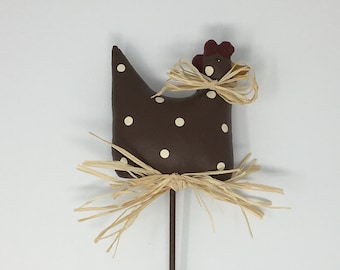Farmhouse Chicken Plant Stick: Rustic Hen Decor with Raffia Bow