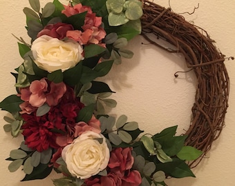 Floral Grapevine Wreath: Spring Door Hanger, Boho Chic Farmhouse Decor