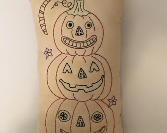 Hand Embroidered Pumpkin Pillow: Primitive Halloween Tier Tray Decor