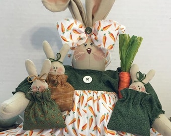 Pregnant Bunny Spring Decor, Primitive Easter Rabbit with Babies