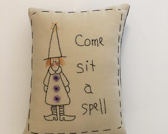 Hand Embroidered Witch Pillow: Primitive Halloween Decor