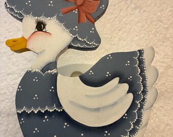 Vintage 1980s, Hand Painted Country Goose, Wooden Napkin Holder, Cottage core. Kitchen Decor, One-Of-A-Kind Farmhouse Cottage