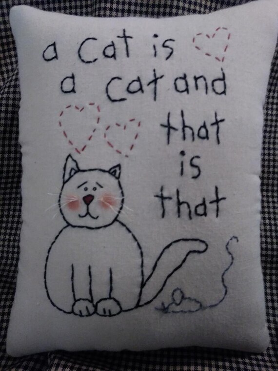 Primitive Hand Embroidered Cat Pillow Home Decor Hand Etsy