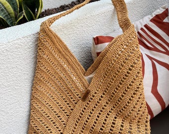 Handmade Crochet Raffia Tote Bag, Natural Boho Beach Summer Market Bag