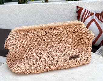 Handmade Crochet Raffia Clutch Bag, Woven Summer Boho Purse