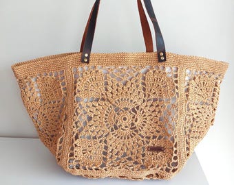 XXL Crochet Raffia Tote Bag with Leather Handles