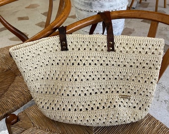 Borsa tote in rafia color crema lavorata all'uncinetto, borsa da spiaggia con manici in pelle, borsa da mercato estiva in stile boho