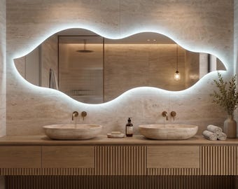 Flame Shaped LED Mirror, Frameless Backlit Wavy Vanity Mirror