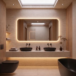 May include: Contemporary bathroom interior with a large, illuminated mirror. The room features two black sinks, a toilet, and a bathtub. The design incorporates neutral tones, wood paneling, and beige tiles for a minimalist aesthetic.