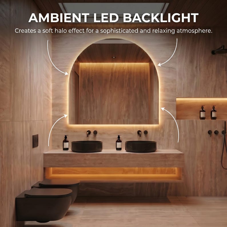 LED Backlit Arch Mirror, Frameless Modern Bathroom Vanity Decor image 5