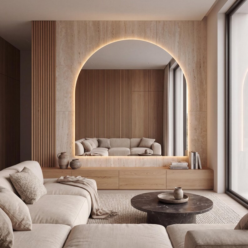 May include: A modern living room with a neutral color palette. Features include a beige sectional sofa, a round marble coffee table, and a built-in wooden structure with an arched mirror and recessed lighting. The room has a minimalist design.