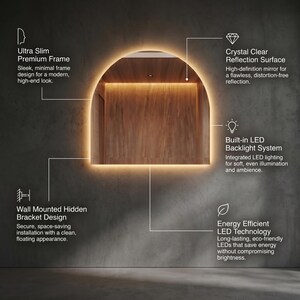 May include: A modern, arched mirror with a built-in LED backlight system. The mirror features a crystal-clear reflection surface and an ultra-slim, premium frame. The design includes wall-mounted hidden brackets for a clean look. The mirror uses energy-efficient LED technology.