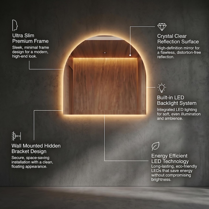 May include: A modern, arched mirror with a built-in LED backlight system. The mirror features a crystal-clear reflection surface and an ultra-slim, premium frame. The design includes wall-mounted hidden brackets for a clean look. The mirror uses energy-efficient LED technology.