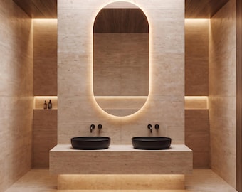 Moderner Bogen-LED-Badezimmerspiegel, ovale Waschtischleuchte mit Hintergrundbeleuchtung, minimalistischer luxuriöser beleuchteter Wandspiegel