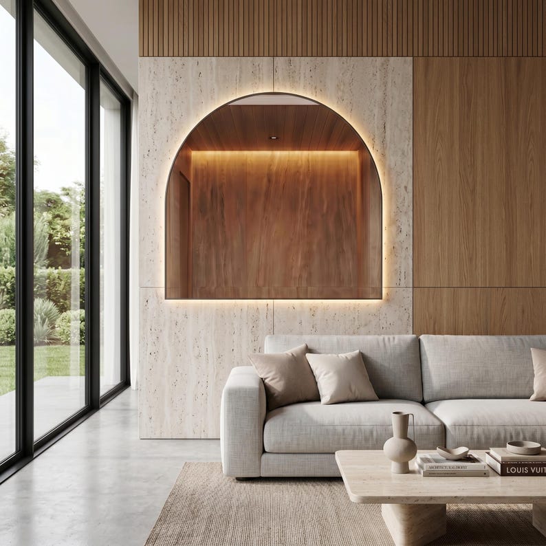 May include: A modern living room with a light gray sofa, beige pillows, and a light-colored rug. A large arched mirror with warm lighting is mounted on a textured wall. A stone coffee table holds books and a vase.
