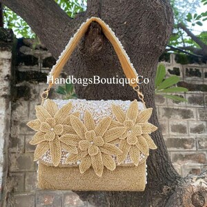 White Embroidered Beaded Potli Style Bag with Tassels – Indian Handbag for Weddings Parties - Handmade Gold Clutch for Brides & Party Wear